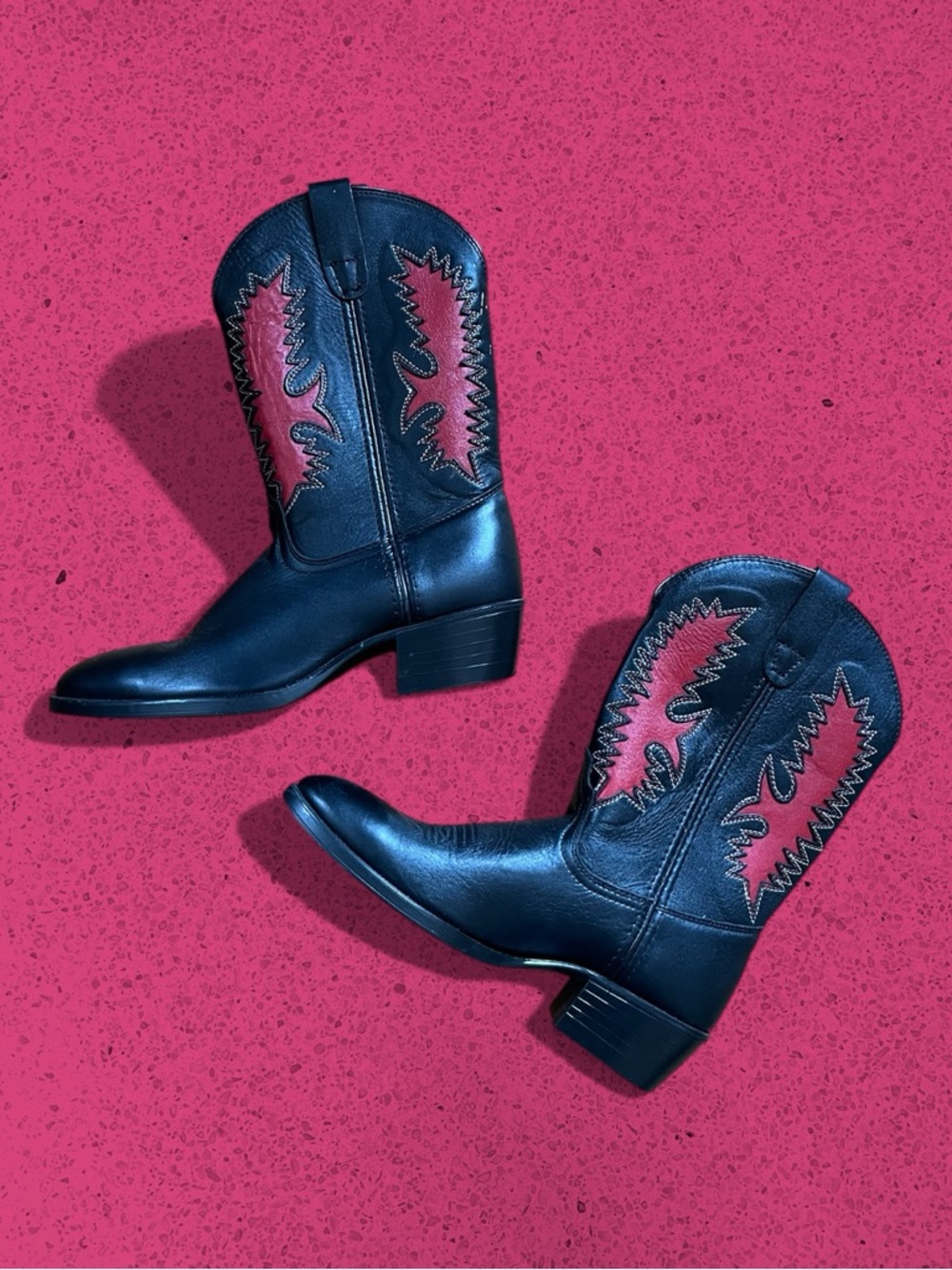 Sage Black Leather Cowboy Boots with Red Insets